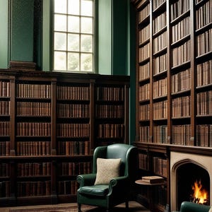 Könnte beinhalten: Eine gemütliche Bibliothek mit dunkelgrünen Wänden, einem großen Bogenfenster und deckenhohen Bücherregalen, die mit Büchern gefüllt sind. Zwei grüne Sessel stehen vor einem Kamin mit einem knisternden Feuer. Ein gemusterter Teppich bedeckt den Holzboden.