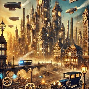 May include: A steampunk-inspired city with a large clock tower, airships, and a vintage car driving on a cobblestone street. The city is filled with intricate gears and machinery.