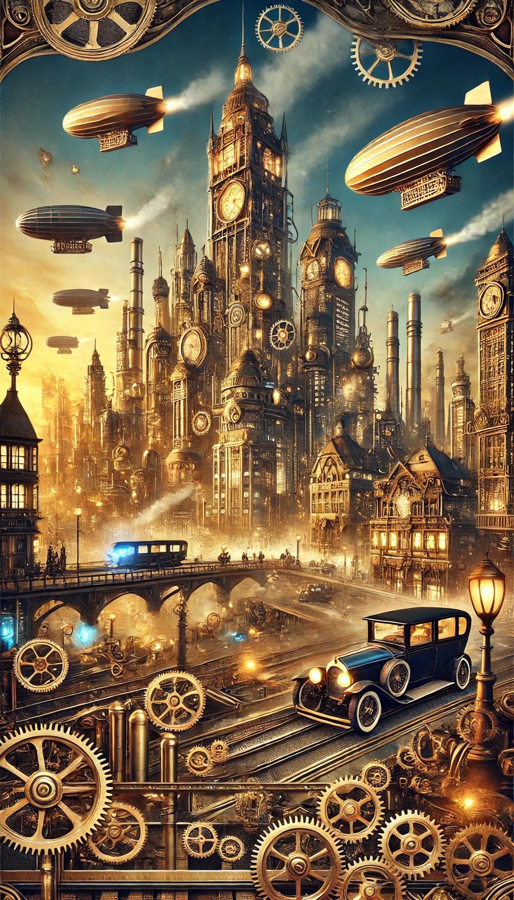 A Mesmerizing Steampunk City Skyline With Airships, Glowing Lights, and ...