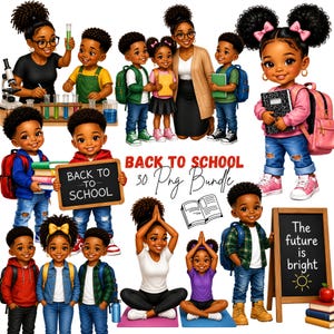 Può includere: Una collezione di illustrazioni con bambini e adulti in contesti scolastici, tra cui un insegnante con provette, studenti con zaini, un bambino con una lavagna Back To School e il testo Back To School 30 Png Bundle.