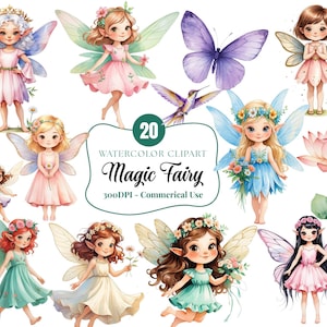 Watercolor Fairy Clipart Bundle – 20 Fairy PNG, Magical Garden Fairies, Mushroom Houses, Fantasy Forest, Sublimation Bundle – Commercial Use