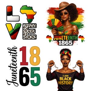 May include: A digital art collage with Juneteenth themes. It features the word "LOVE" in red, yellow, green, and leopard print. The African continent is depicted in red, yellow, and green. Images of women, the text "Juneteenth 1865", and the phrase "I AM BLACK HISTORY" are also included.