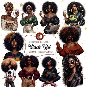 Black Women Clipart Bundle – 50 PNG Fashionable Afro Girls, Denim Girl Graphics, Digital Download
