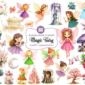 Watercolor Fairy Clipart Bundle – 60 Fairy PNG, Magical Garden Fairies, Mushroom Houses, Fantasy Forest, Sublimation Bundle – Commercial Use