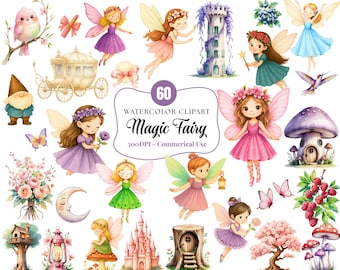 Watercolor Fairy Clipart Bundle: Magical Garden PNG Images (Commercial Use