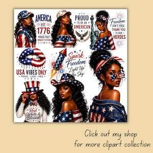 May include: A selection of digital illustrations with patriotic themes. The images feature women and text such as "America 1776", "Proud to be an American", and "USA Vibes Only". The illustrations are in red, white, and blue.