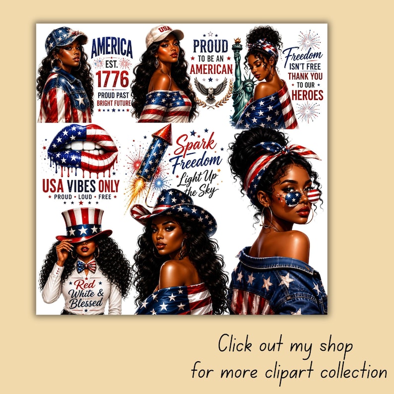 May include: A selection of digital illustrations with patriotic themes. The images feature women and text such as "America 1776", "Proud to be an American", and "USA Vibes Only". The illustrations are in red, white, and blue.