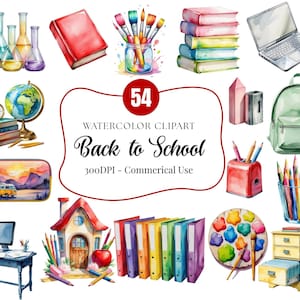 Könnte beinhalten: Aquarell-Cliparts mit Schulmotiven. Das Bild zeigt einen Laptop, Bücher, Bleistifte, einen Globus, einen Rucksack und den Text "Back to School". Der Stil ist farbenfroh und künstlerisch.
