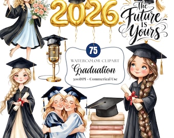 Graduation Clipart Bundle PNG Class of 2026 | Grad Girl Clipart, Senior 2026, Cap Gown Diploma, PNG Set Commercial Use