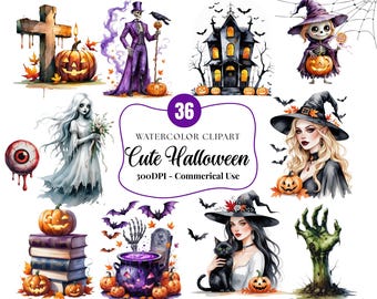 Cute Halloween Clipart Bundle, 36 PNG Watercolor Ghosts, Pumpkins, Witches, Bats, Kawaii Style, Spooky Halloween Clipart PNG, Commercial Use