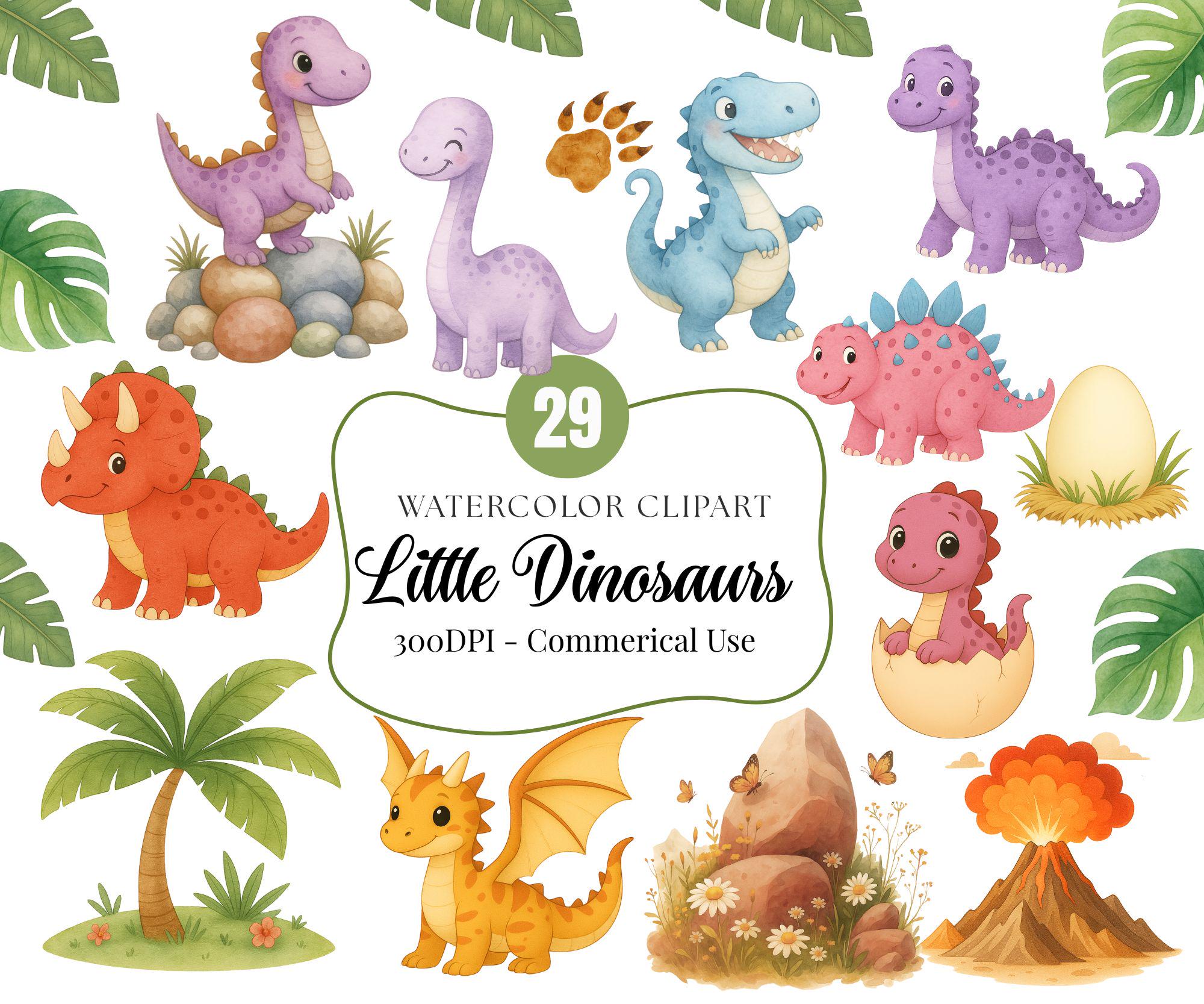 Cute Dinosaur Clipart Bundle – Watercolor Baby Dinosaurs – Birthday Party Decor, Nursery Wall Art, Baby Shower PNG – Commercial Use