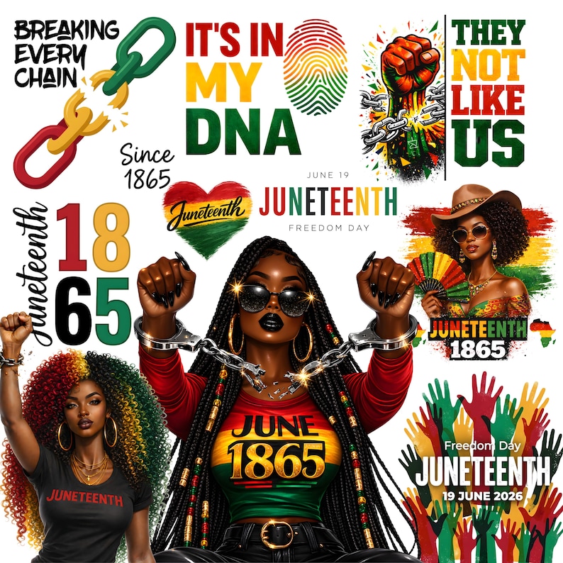 May include: A digital illustration celebrating Juneteenth. The image features text such as "Breaking Every Chain," "It's in My DNA," and "Juneteenth." It includes images of women, chains, and the date "June 19, 1865." The colour palette includes red, green, yellow, and black.