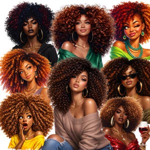 Op de afbeelding: Illustraties van vrouwen met volumineus, krullend haar in verschillende tinten bruin, rood en zwart. Elke vrouw draagt sieraden en is gekleed in verschillende outfits, met een witte achtergrond.