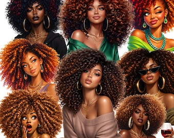 Elegant Black Woman Clipart PNG Bundle | 25 Afro Curly Hair Fashion Portraits for Designers