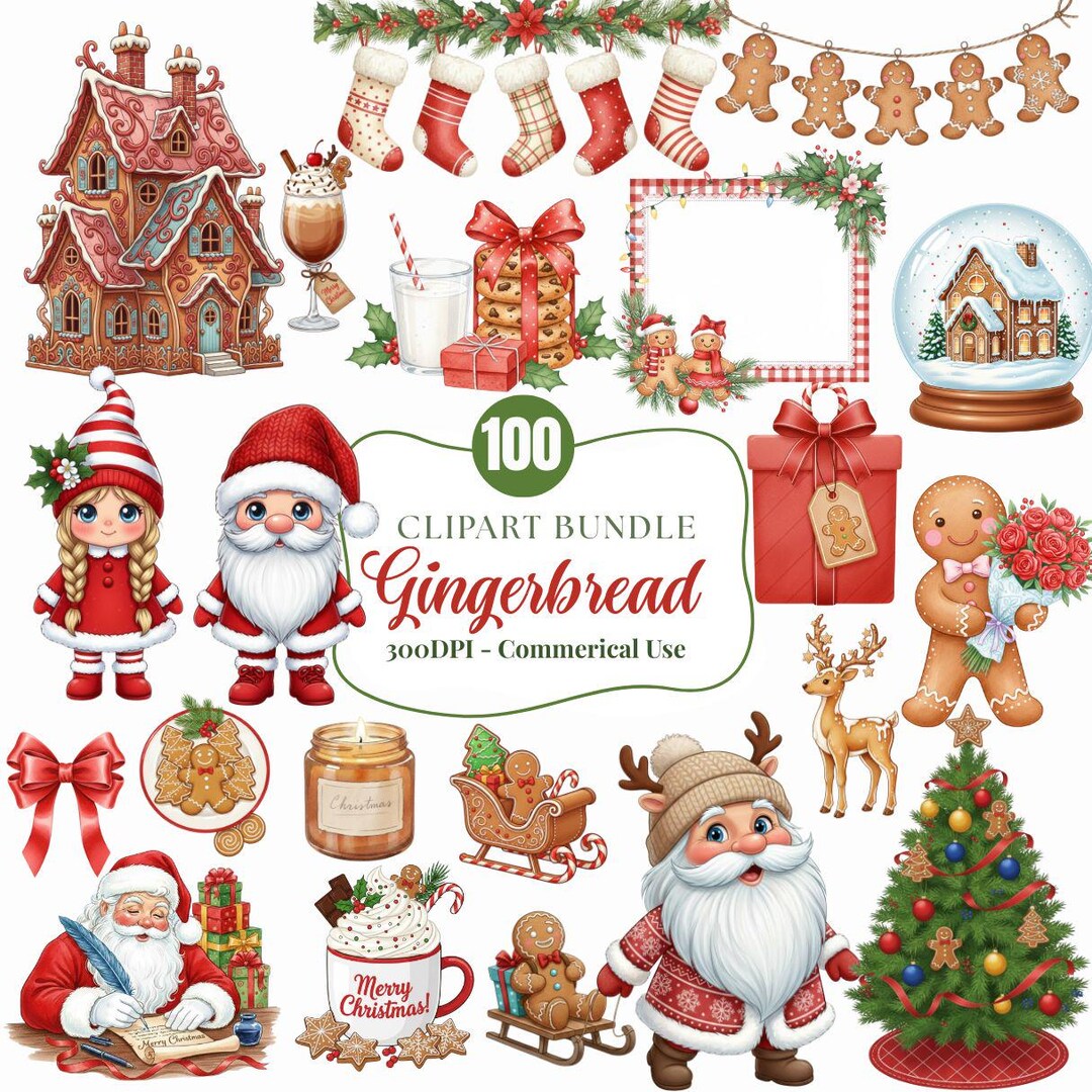 Gingerbread Christmas Clipart Bundle – Watercolor Santa, Cookies ...