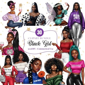 30 PNG zwarte vrouwen clipartbundel, Afro meisje clipart, stijlvolle mode meisje graphics, denim meisje illustraties, digitale download
