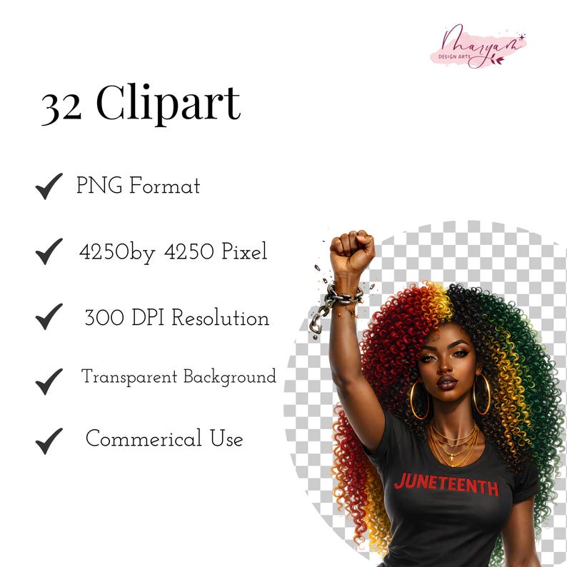 May include: Digital clipart set featuring a woman with vibrant, multi-coloured hair in red, yellow, and green, wearing a black t-shirt with "JUNETEENTH" text. Includes PNG format, 4250x4250 pixel resolution, 300 DPI, transparent background, and commercial use.