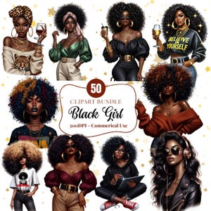 Zwarte vrouwen clipartbundel – 50 png modieuze afromeisjes, denimmeisje-graphics, digitale download