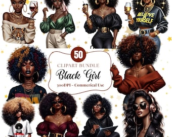 Black Women Clipart Bundle – 50 PNG Fashionable Afro Girls, Denim Girl Graphics, Digital Download