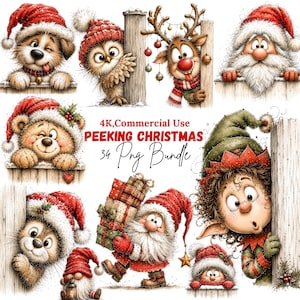May include: A digital collection of Christmas-themed illustrations featuring a puppy, owl, reindeer, Santa Claus, teddy bear, gnome, and elf peeking from behind wooden posts. The text reads 4K, Commercial Use PEEKING CHRISTMAS 34 Png Bundle.