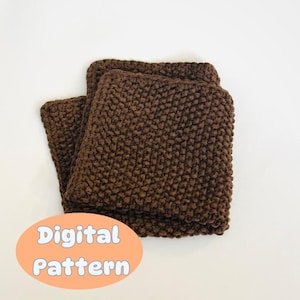 May include: A stack of three brown knitted squares. The squares are made of a thick, textured yarn. An orange oval with the words "Digital Pattern" is in the lower left corner.