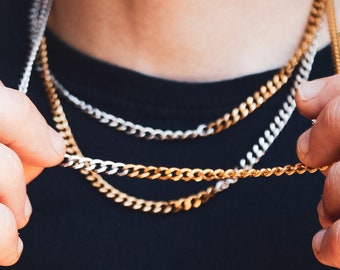 Mens Half Silver Half Gold Cuban Chain Necklace- 5mm Stainless Steel Miami Mens Curb Chain Link - Gifts For Men