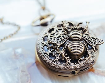 Collar con reloj de bolsillo de abeja: colgante steampunk de filigrana de bronce