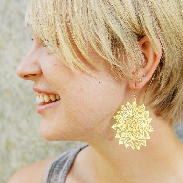 Large Sunflower Earrings - Gold Botanical Earrings - Oversized Earrings