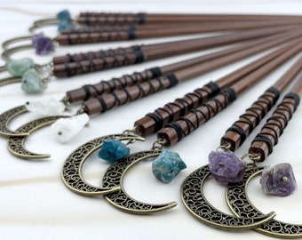 Gemstone Moon Hair Sticks - Moon Hair Fork - Crystal Hair Pins - Wood Hair Sticks