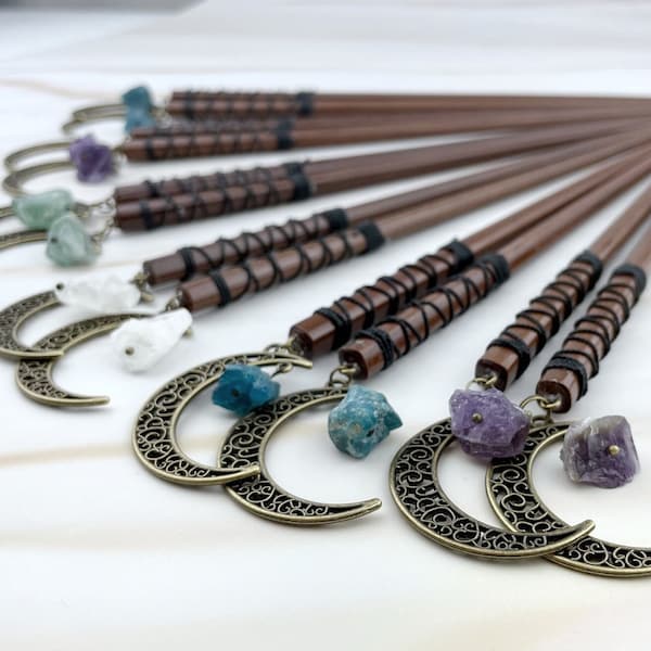 Gemstone Moon Hair Sticks - Moon Hair Fork - Crystal Hair Pins - Wood Hair Sticks