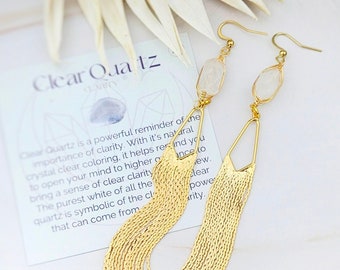 Gold Wedding Tassel Earrings - Bridal Earrings - Clear Crystal Quartz Earrings