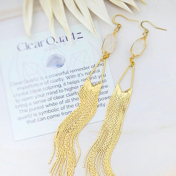 Gold Wedding Tassel Earrings - Bridal Earrings - Clear Crystal Quartz Earrings