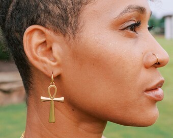 Ankh Earrings - Egyptian Huggie Hoop Earrings - Egyptian Jewelry - Tiny Hoop Earrings - Ankh Cross Hoops