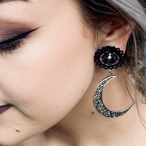 Moon Ear Plugs Gauges Crystal Dangle Ear Gauge Earrings Etsy