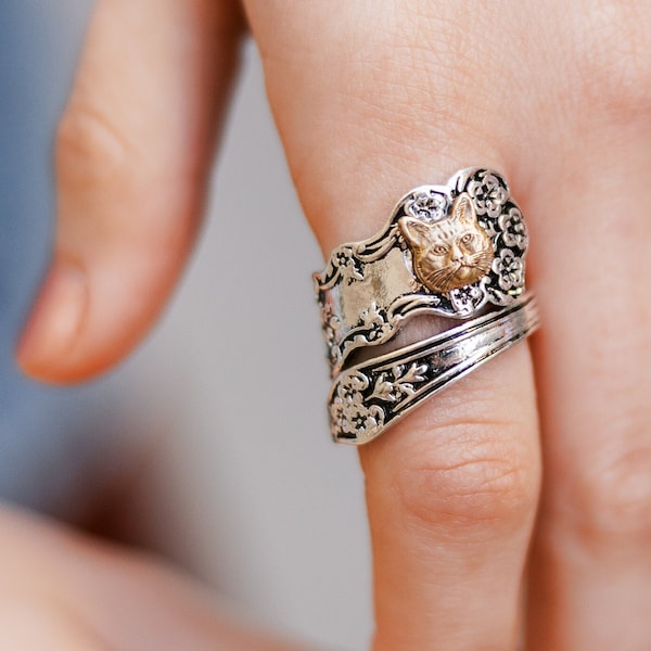 Vintage Spoon Ring: Brass Cat, Floral Copper Wrap Ring
