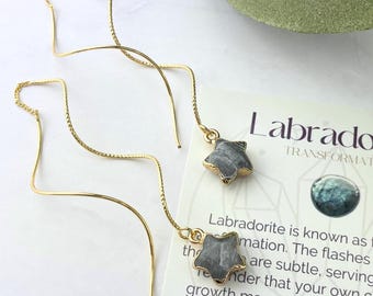 18K Gold Labradorite Star Threader Earrings: Celestial Jewelry