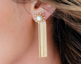 Pearl Tassel Ear Jacket - Front Back Earrings - Formal Earrings - Wedding Bridal Earrings - Sterling Silver 18K Gold Plated Pins