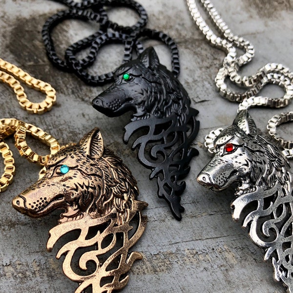 Wolf Necklace - Celtic Viking Necklace Gift For Men Women Wolf Costume - Pagan Wiccan Jewelry - Totem Matching His and Hers Couples Necklace