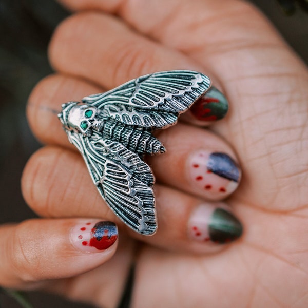 Totenkopf Motte Ring - Silber Ring mit Geburtsstein - Okkulter Schmuck - Goth Insekt Schädel Ring