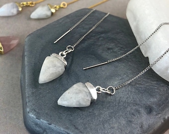 Moonstone Earrings - Silver Gold Ear Threader Earrings - Arrowhead Amazonite Earrings - Rose Quartz Earrings U Thread