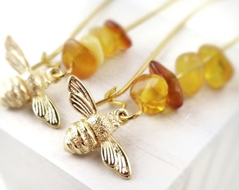 Gold Bee Earrings - Natural Baltic Amber Earrings - Honey Amber - Save the Bees - Honey Bee Jewelry - Insect Earrings