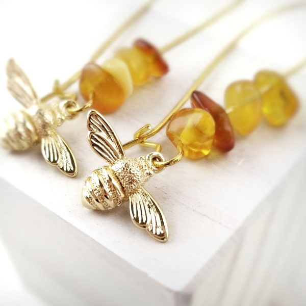 Gold Bee Earrings - Natural Baltic Amber Earrings - Honey Amber - Save the Bees - Honey Bee Jewelry - Insect Earrings