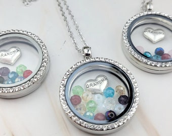 Grandma Personalized Locket - Grandmother Necklace - Floating Locket Necklace - Birthstone Necklace - Sterling Silver