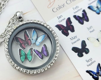 Floating Locket Necklace - 4 Best Friend Necklace - Butterfly Jewelry - Sterling Silver - Mothers Necklace Birthstone