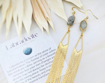 Labradorite Earrings - Gemstone 18K Gold Tassel Earrings - Gold Chandelier Earrings - Affirmation Mindfulness Jewelry