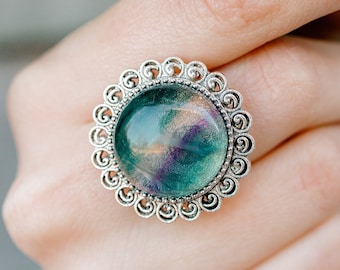 Fluorite Gemstone Ring - Adjustable Fluorite Ring - Natural Gemstone Jewelry