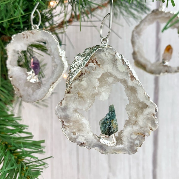 White Druzy Gemstone Ornament - Agate Slice Crystal Cluster Geode Druzy Kyanite Amethyst Quartz Citrine