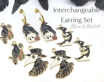 Macabre Mismatched Earrings - Plague Doctor Costume - Macabre Jewelry - Spooky Skull Crow Earrings (008)