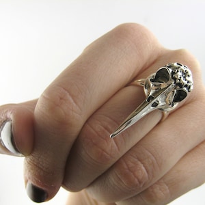 Silver Bird Skull Ring: Adjustable Raven Crow Ring, Wiccan Jewelry