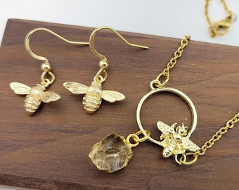 Bee Pendant and Earrings Set - Bumble Bee Necklace - Save the Bees